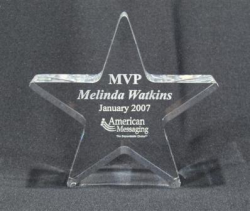 5" x 5" Acrylic star paperweight personalized with engraved text, image, or logo. Order Online or Call the Corporate Connection 800-523-2344