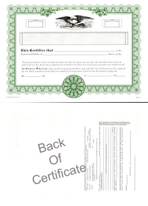 30% off Blank or Printed Stock Certificates for Corporate or LLC. Order Online or Call The Corporate Connection 800-523-2344. Fast Shipping