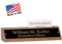 8" x 2 1/4" Walnut desk cardholder with personalized black brass nameplate and gold lettering. Order Online or Call the Corporate Connection 800-523-2344