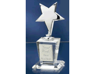 Floating chrome star on crystal base with customizable chrome plate on base.  Comes in gift box with satin lining.  Order online or Call the Corporate Connection 800-523-2344.