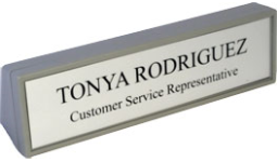 30% off 2 x 8 desk plate with grey frame, choose plate color. Customized with name, custom text or logo. Order Name Plates online or call The Corporate Connection 800-523-2344