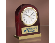 3 1/4" x 4" Rosewood desk clock with gold trim set at a leaning angle. Comes with a gold brass plate customized with text, image, or logo.  Order Online or Call the Corporate Connection 800-523-2344