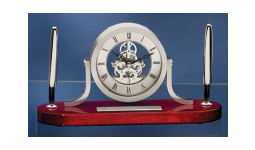 Desk gift clock, rosewood with pens. Desk Clocks and Gift Clocks Personalized with Name, Text or Logo. Quantity Discounts. Order online or call 800-523-2344