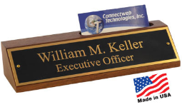 Custom engraved wooden name plate with card holder and customize brass plate with your text. Design online or call 800-523-2344.