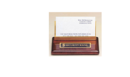 2" x 4" Rosewood business card holder tat sits nicely on the desk.  Comes with an engraved plate with text, image, or logo. Order Online or Call the Corporate Connection 800-523-2344
