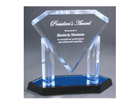 10" Diamond style acrylic award with blue undertones and blue base. Comes with custom engraving. Order Online or Call the Corporate connection 800-523-2344