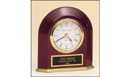 5 5/8" x 5 7/8" Standing arched rosewood desk clock with gold accents and black brass plate personalized with text, image, or logo.  Order Online or Call the Corporate Connection 800-523-2344