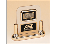 5" x 5" Acrylic clock with LCD time. Gold base with gold pillars hold up the desk clock. Comes with a personalized brass and gold lettering plate. Order Online or Call the Corporate Connection 800-523-2344
