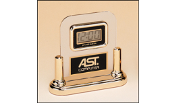5" x 5" Acrylic clock with LCD time. Gold base with gold pillars hold up the desk clock. Comes with a personalized brass and gold lettering plate. Order Online or Call the Corporate Connection 800-523-2344