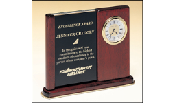 6 3/4" x 8 1/2" Standing desk award with half as a custom black brass plate and half with a rosewood finish.  Includes a golden clock on rosewood half.  Order Online or Call the Corporate Connection 800-523-2344