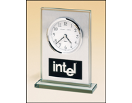 Glass desk clock with silver panel inside.  Comes with a black brass plate customized with text, image, or logo.  Order Online or Call the Corporate Connection 800-523-2344