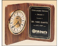 12 1/2" x 9 1/2" Standing walnut award with gold clock and black brass plate personalized with text, image, or logo. Order Online or Call the Corporate Connection 800-523-2344