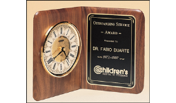 12 1/2" x 9 1/2" Standing walnut award with gold clock and black brass plate personalized with text, image, or logo. Order Online or Call the Corporate Connection 800-523-2344