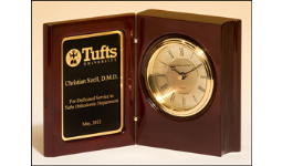 Rosewood faux book desk clock with customized black brass plate customized with text, image, or logo. Order Online or Call the Corporate Connection 800-523-2300
