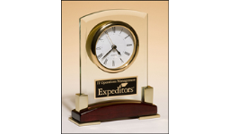 6" x 7 3/4" Desk clock on rosewood stand and framed with beveled glass. Includes black brass plate customized with text, image, or logo.  Order Online or Call the Corporate Connection 800-523-2344