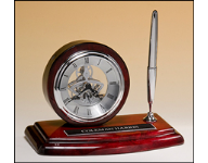 8 1/4" x 5" Rosewood stand with an open face clock, silver pen, and personalized black and silver plate.  Order online or call the Corporate Connection 800-523-2344