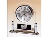 6"Hx6"W Glass clock with chrome finishes.  Includes a black and silver brass plate personalized with name, image, or logo. Order online or call the Corporate Connection 800-523-2344