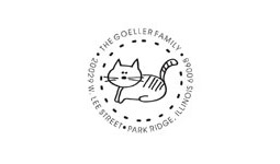 1 3/4" Diameter address stamp with a tabby cat in the center.  Customized text in circle around the cat. Order Online or Call the Corporate Connection 800-523-2344
