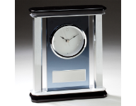 7 1/2" x 9" Desk clock mounted on smoked glass and framed with silver pillars. Include silver plate customized with text, image, or logo. Order Online or Call the Corporate Connection 800-523-2344