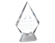 5 1/2" x 9" Standing glass in diamond shape with silver steel base and engraved with custom text, image, or logo. Order Online or Call the Corporate Connection 800-523-2344