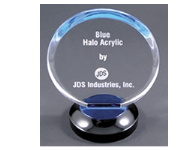 1-2 Days Round Acrylic Award with blue accents, Customized with name, custom text or custom artwork or logo. 800-523-2344