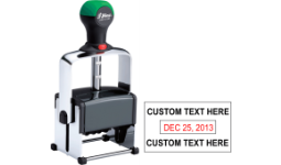 30% off 1 5/8 x 15/16 Metal Self-Inking Date Stamp with 10 yr band customized on top and bottom of date. Order online or Call The Corporate Connection 1-800-523-2344