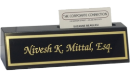 2" x 10 1/2" Black Marble Desk with black and brass nameplate and card holder.  Order Online or Call the Corporate Connection 800-523-2344