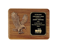 Customize this walnut award plaque with name or Custom Text, features eagle and black brass engraved plate.