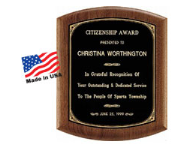 7 1/2" x 8 1/2" Walnut wood plaque with customizable black brass plate.  Great for awards and gifts.  Order Online or Call the Corporate Connection 800-523-2344