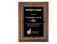 Stained walnut engraved Award Plaque customized, features black brass plate. Order Online or call 800-523-2344