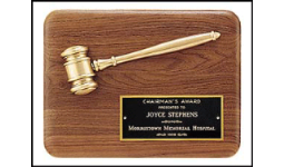 9" x 12" Walnut plaque with gold gavel and black brass plate fully customized with text, image, or logo.  Great for gifts and awards.  Order Online or Call the Corporate Connection 800-523-2344.
