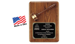 11" x 15" Walnut wood plaque with attached wood gavel.  Comes with a black brass plate customized with text, image, or logo.  Order Online or Call the Corporate Connective 800-523-2344