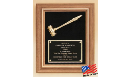 15" x 18" Plaque. A golden gavel on velour backing and walnut trim. Comes with a black brass plate personalized with text, image, or logo. Order Online or Call the Corporate Connection 800-523-2344