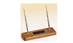 3" x 9" Walnut pen holder desk display with black brass plate customized with text, image, or logo. Both pens are gold with black ink. Order Online or Call the Corporate Connection 800-523-2344.