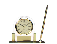 Glass clock with gold trim, pen, and plate. Plate is personalized with text, image, or logo. Order Online or Call the Corporate Connection 800-523-2344