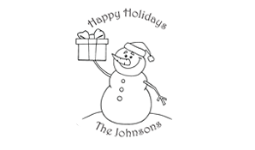 1 3/4" Square self-inking stamp with snowman and present design, customized with text. Order Online or Call the Corporate Connection 800-523-2344