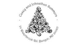 Holiday address stamp with your custom text and address along with Christmas tree design.